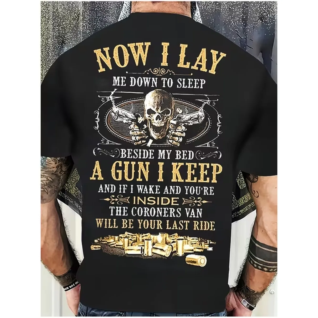 Mens Skull And Letter Printed T Shirt Now Gun Theme Design Cotton Short Sleeve T Shirt Suitable For Summer Outdoor Casual Round Neck Pattern Shirt