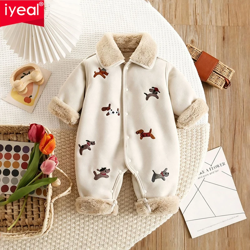 IYEAL Baby Fleece Lined Romper Cute Cartoon Puppy Embroidery Long Sleeve Button Jumpsuit Thick Warm Newborn Autumn Winter Romper