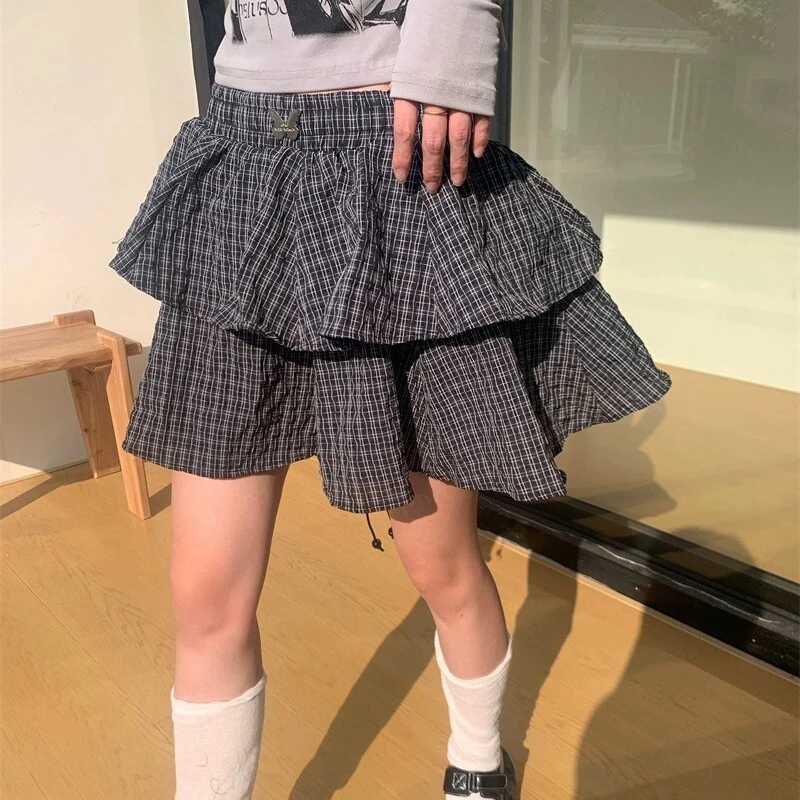 Deeptown Ruffle Geruite Mini Rok Vrouwen Kawaii Preppy Stijl Korte Rokjes Gelaagd Schattige Koreaanse Mode Casual Straatrok