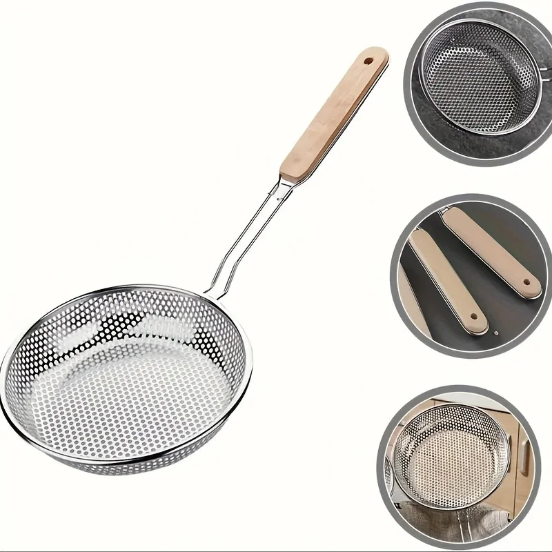 1pc Household Stainless Steel Slotted Spoon Fried Wood Handle Filter Net Leakage Multi Specifications Kitchen Cooking Tools