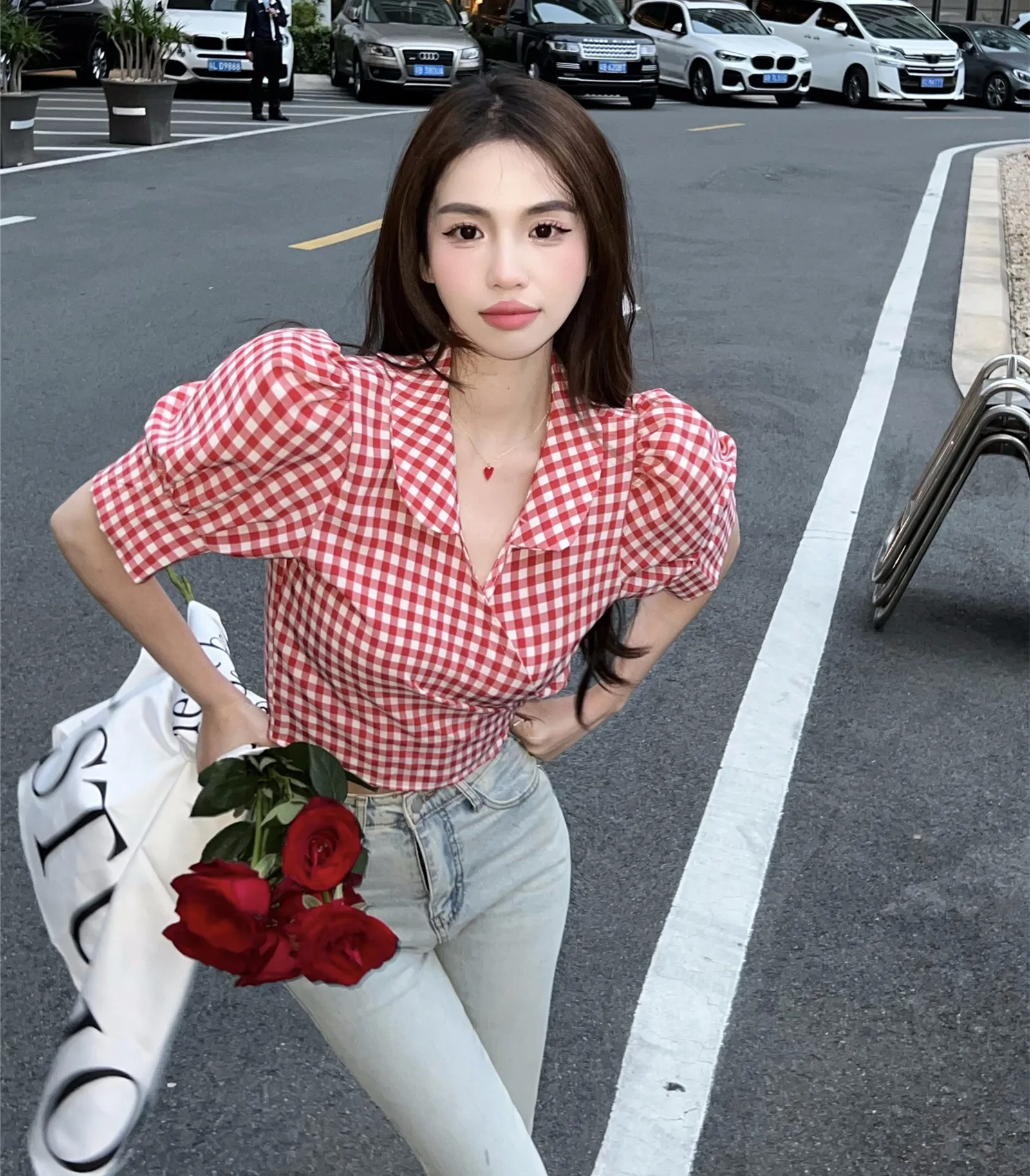 Summer 2024 Women\'S Clothing Fashion Plaid Short Sleeve Shirt French Waist Puff Sleeve Short Top Hot Girl Pink Shirt