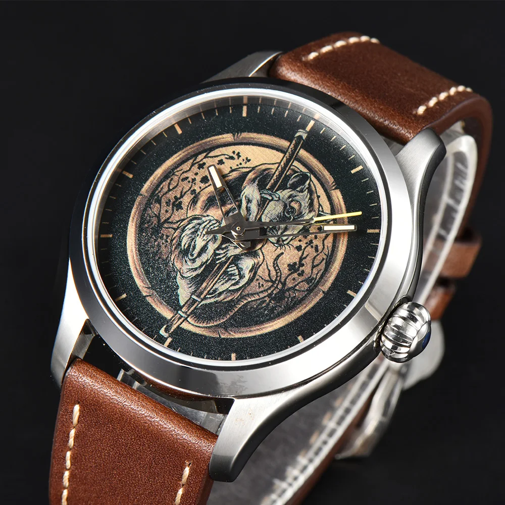 42mm Parnis Automatic Movement Men\'s Casual Wristwatch Sapphire Crystal Dragon Drawing Customizable Dial