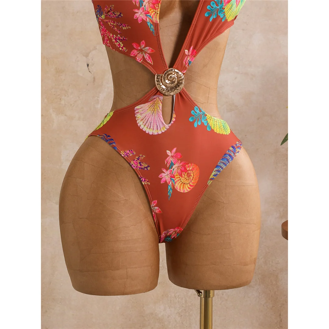 Blumenmuster, asymmetrischer Schnitt, einteiliger Badeanzug für Damen, One-Shoulder-Design, mit Ausschnitten, Monokini, Badebekleidung, Badeanzug, Modell V8370. – Detail 16