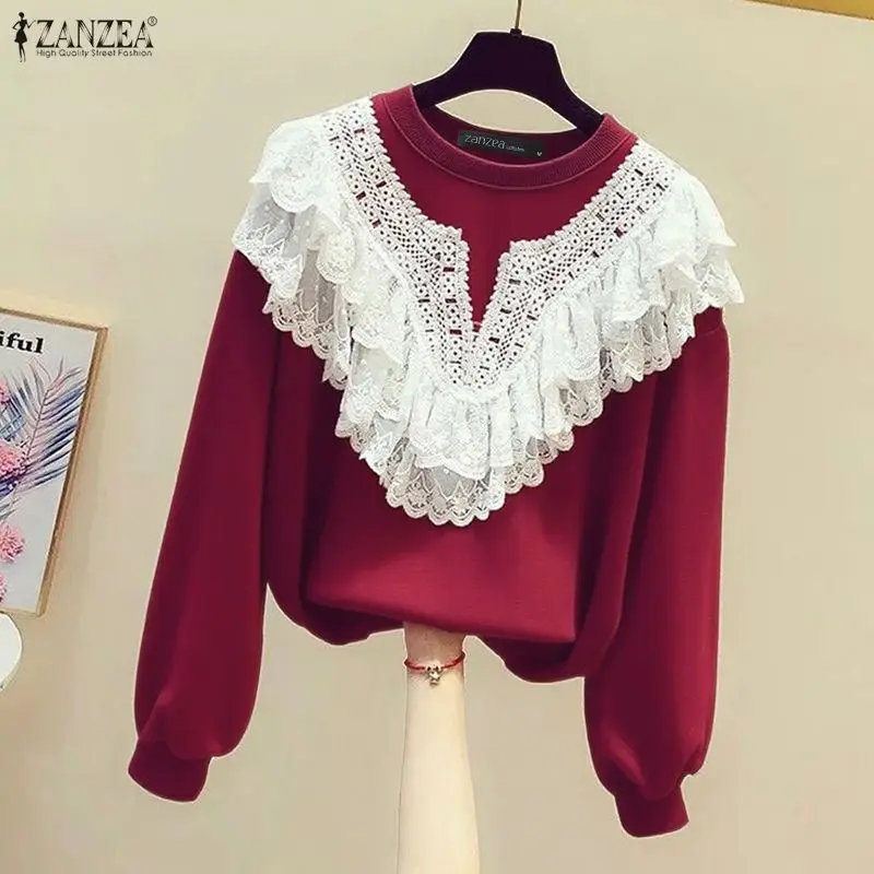 ZANZEA Frauen Sweatshirts Frühling Mode Langarm Pullover Casual Spitze Patchwork Jumper Oansatz Herbst Winter Kleidung Tops
