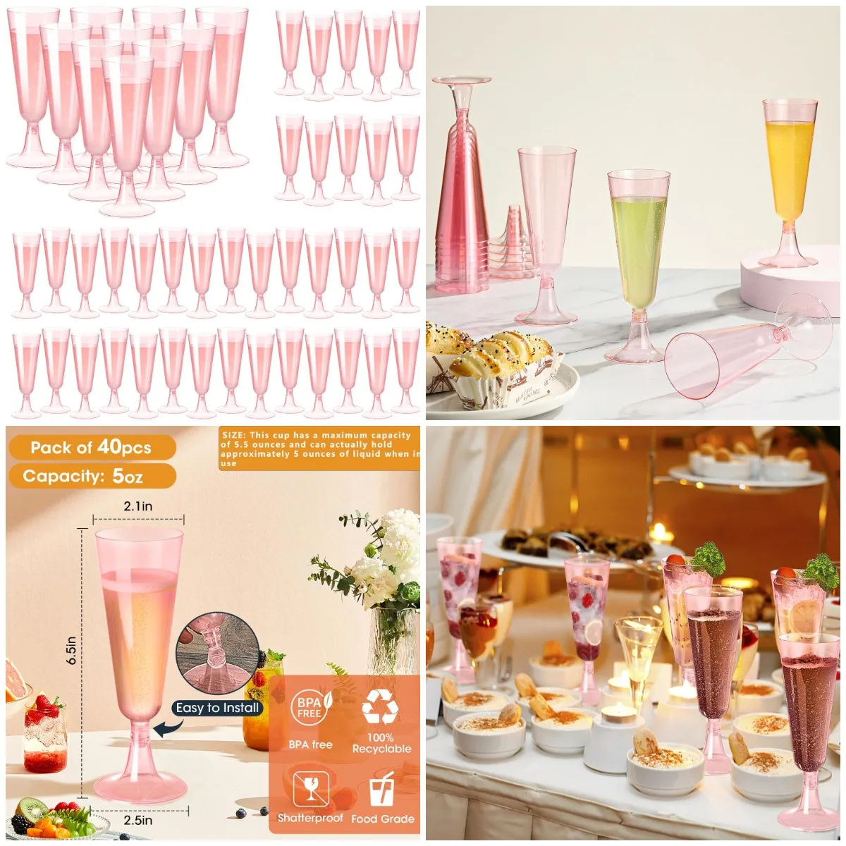 

Pink Champagne Flutes 40-Pack 5 oz Disposable Acrylic Cocktail Glasses for Wedding, Valentine's & Party