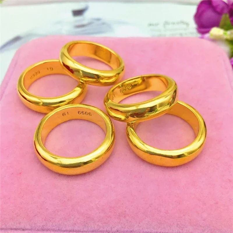 Plated Real 18k Yellow Gold 999 24k Rings Men and Women Smooth Lover Antithes Simple Ring Long Lasting Never Fade Jewelry