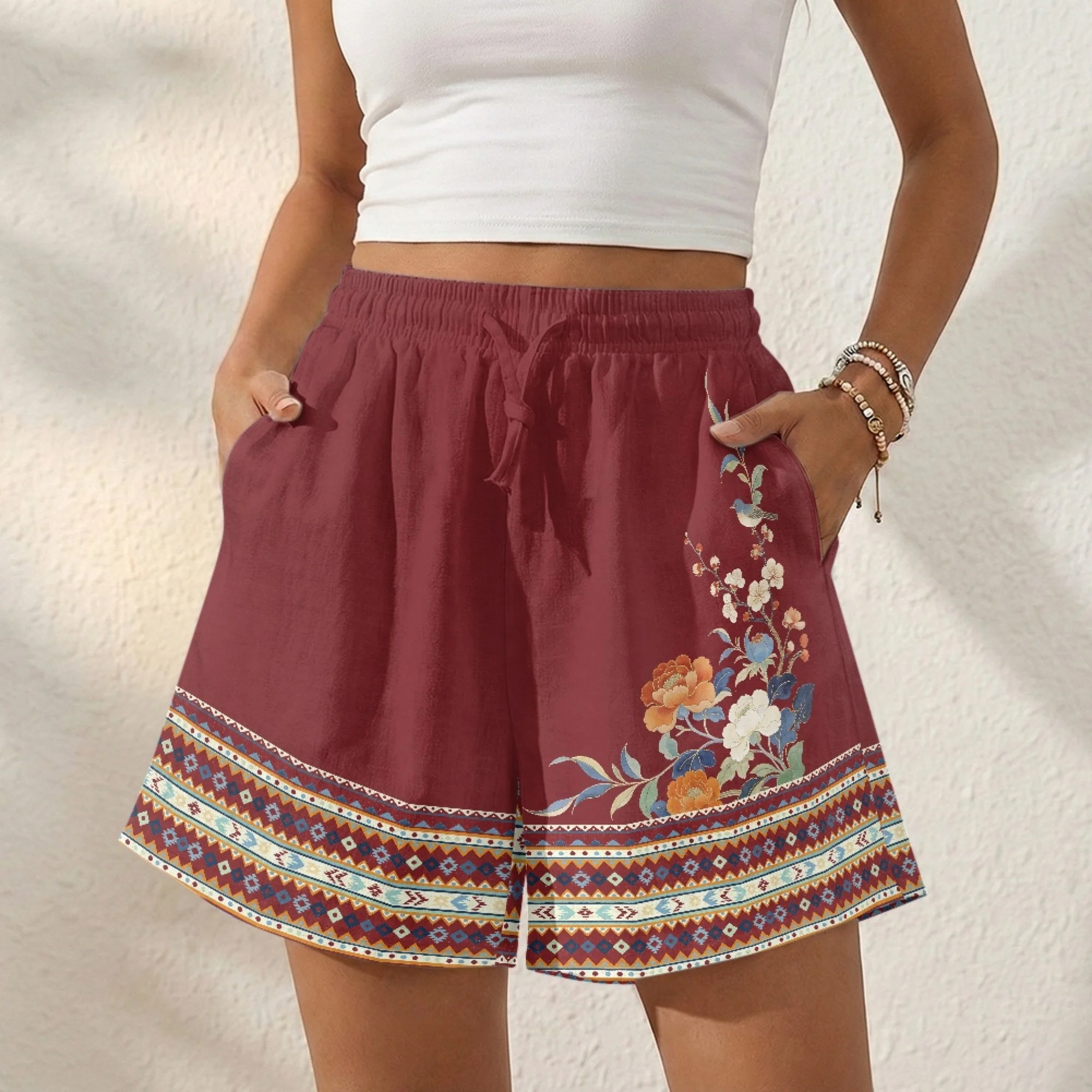 Women's Casual Linen Shorts Floral Stripes Summer Beach Casual Shorts Loose Linen Shorts for Women Wide Leg High Waist Pants