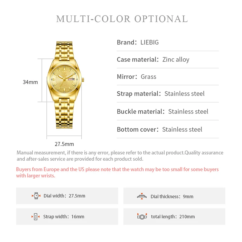 LIEBIG Brand Luxury Golden Lovers Watches For Men Women Female Male Quartz Wristwatch Date Week 3Bar Waterproof Clock L1020