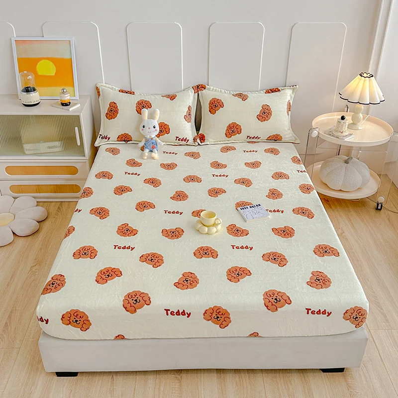 Cartoon Dog Animal Plush Fitted Sheet Lovely Puppy Bedding Set for Kids Girls Bedroom Polyester Flannel Bed Sheet Deep Pockets