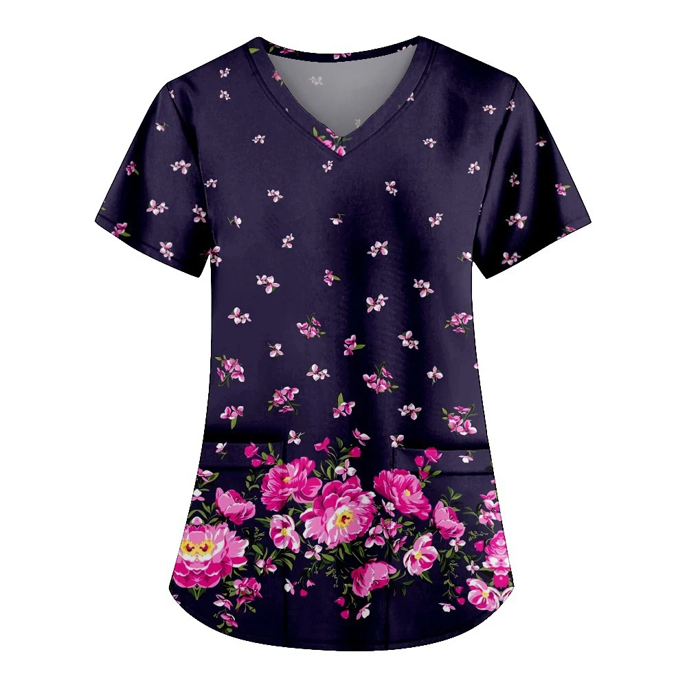 Fashionable 3DV Collar Printed Series Healthcare Worker Uniform Silks Short Sleeve Decorative T-shirt Surgical Uniforms Woman