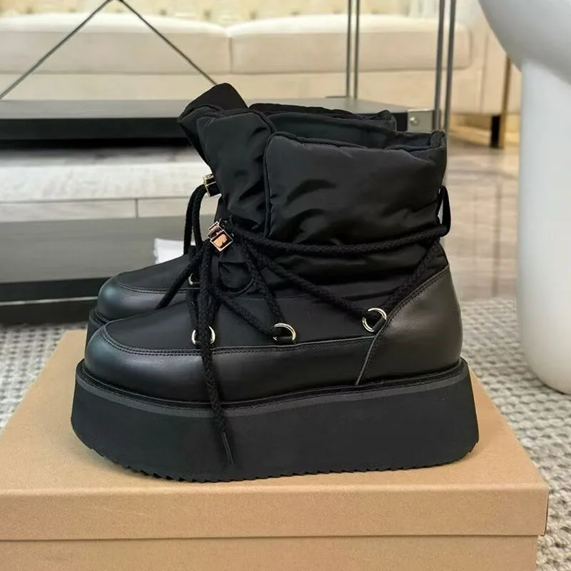 Snow Boots Women Flat Thick Sole Lace Up Down Patchwork Ankle Botas Mujer Round Toe Platform Shoes Ladies Winter Short Boots