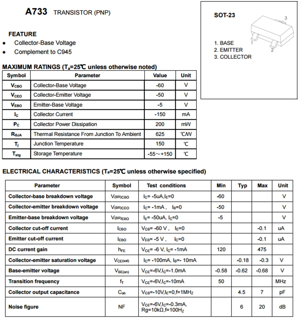 2SA733 CS PNP SMD Transistor SOT-23 0.15A/50V A733 CS SOT23 Nuevo Original