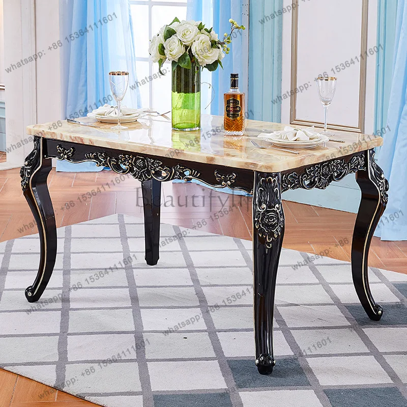 

Европейский обеденный стол из мрамора, прямоугольный обеденный стол из массива черного дерева с резьбой в виде цветов, в американском стиле, для дома, в стиле легкой роскоши