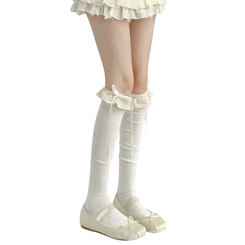 Womens Japanese Thigh High Socks JK Girl Sweet Bowknot Lace Ruffle Trim Stockings