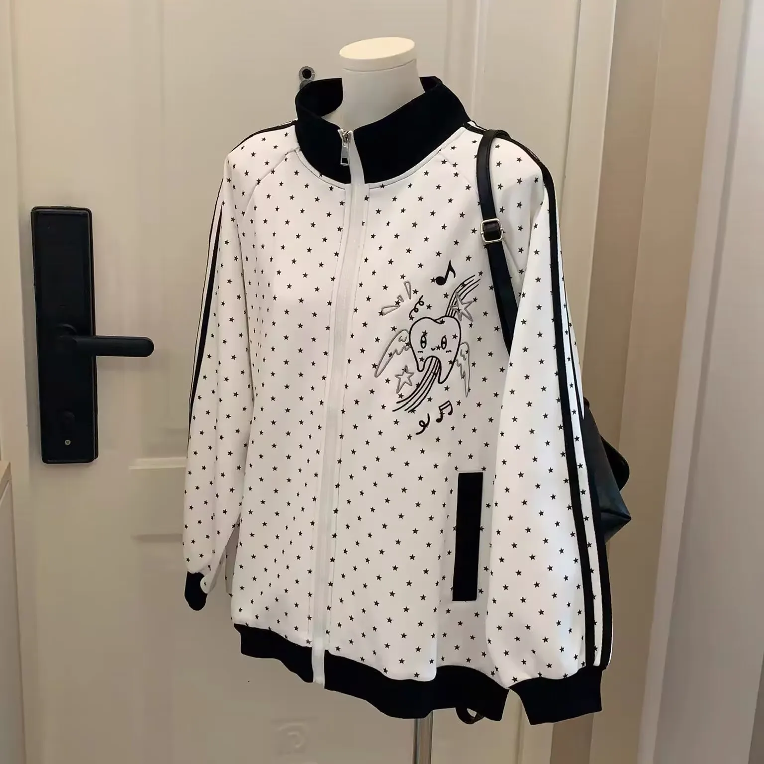 

Japanese Style Autumn Winter Embroidered Hoodie Women's Stand Collar Jacket Star Pattern Versatile Outerwear for Students