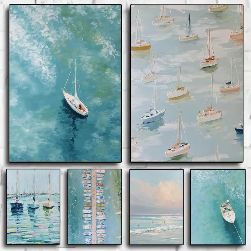 Watercolor Sailboat in Ocean Coastal Illustration Marine Nautical Seaside Beach Poster Canvas Painting Wall Picture Home Deco
