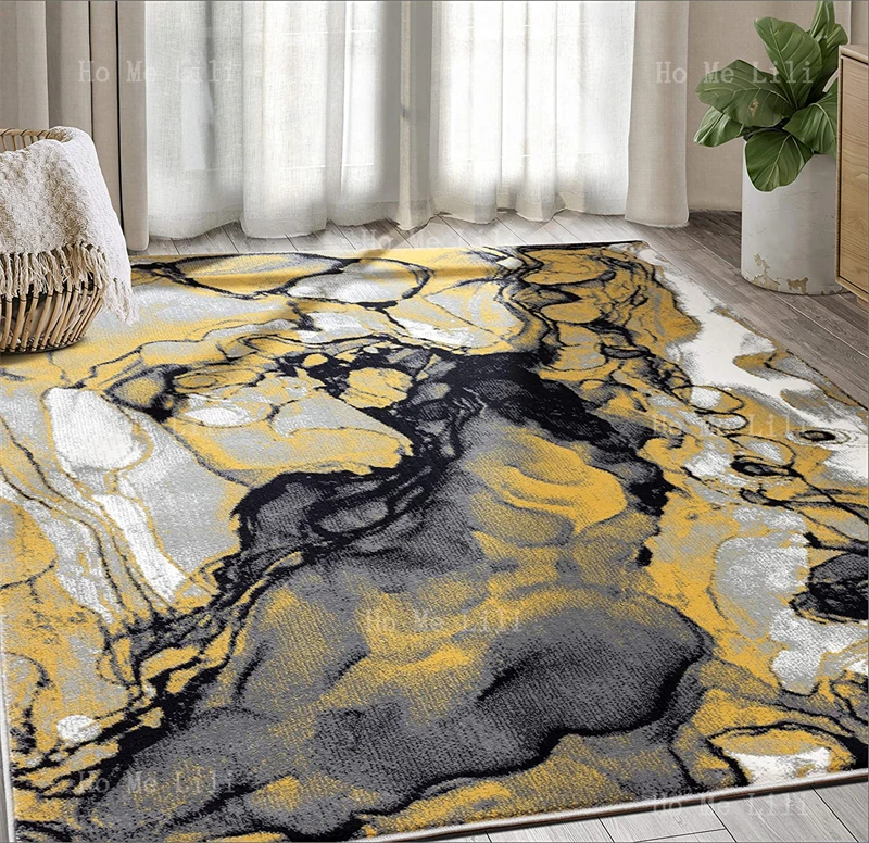 Modern Grey Yellow Marbles Art Contemporary Colorful Abstract Liquid Style Flannel Floor Rugs Beauty Of Lines Design Carpet