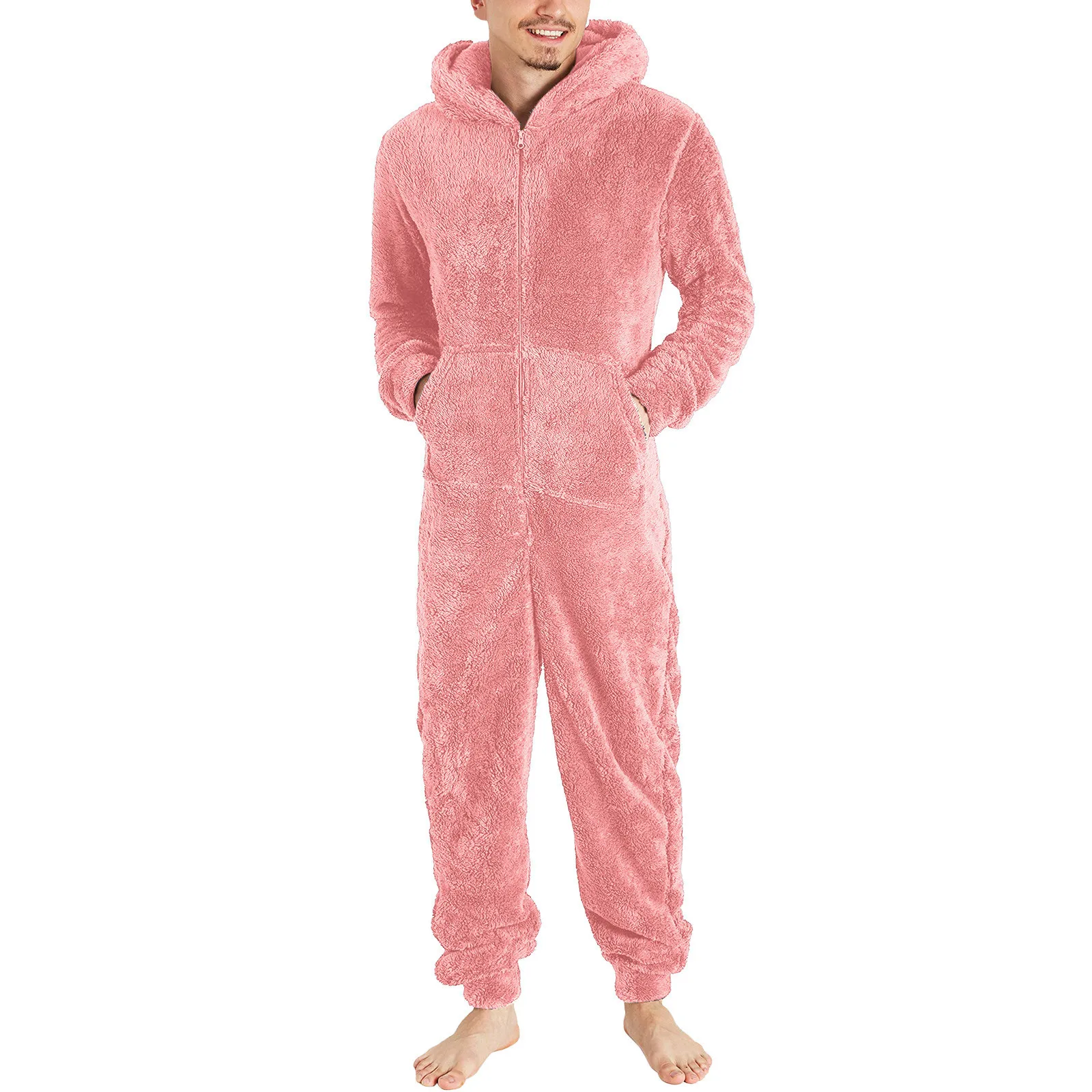 Winter Warm Teddy Fleece Pajamas for Men Plush Zipper Onesie Fluffy Hooded Sleepwear One Piece Sleep Lounge Pajama Jumpsuits