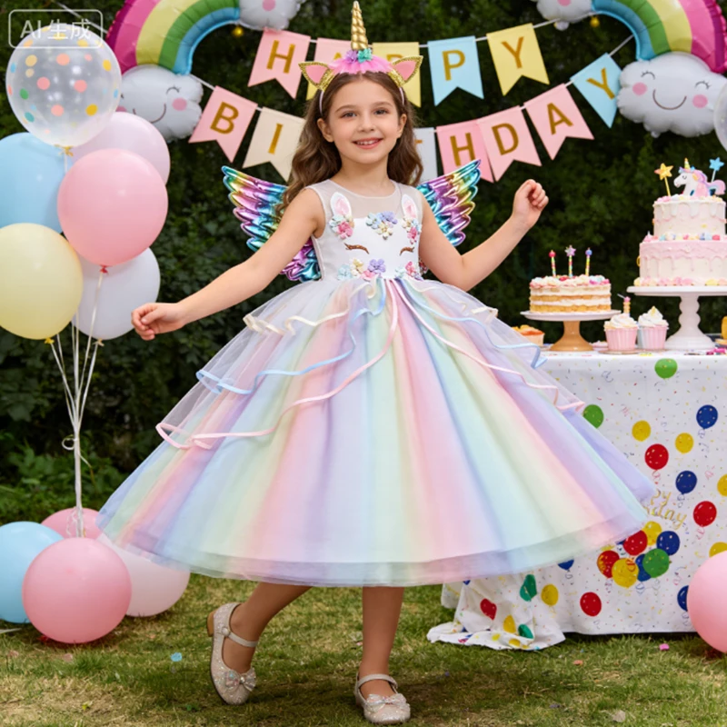 كرنفال ملون بنات يونيكورن فستان باستيل قوس قزح تول الأميرة فتاة فساتين حفلات أعياد ميلاد الطفل يونيكورن أداء الأزياء
