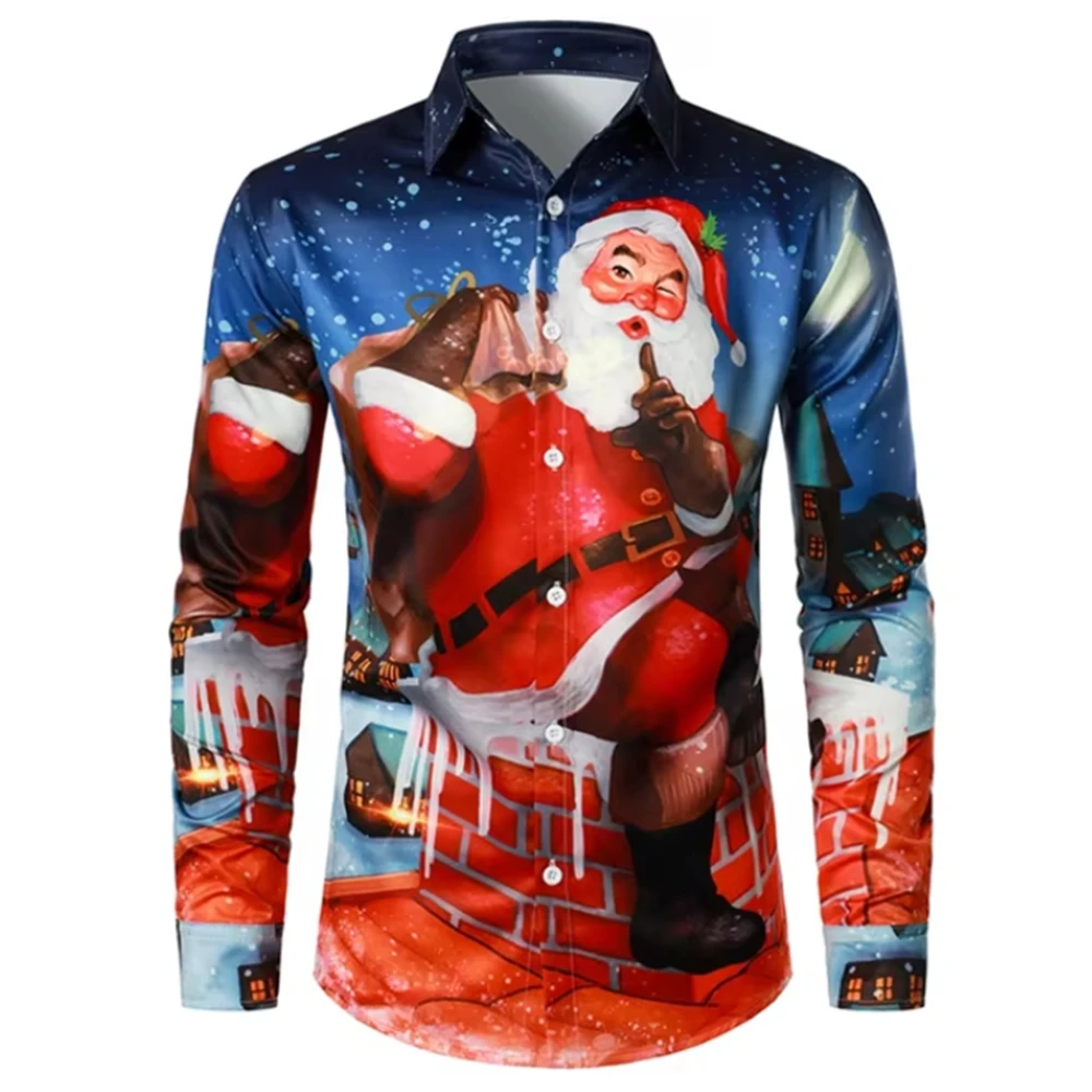 Men's Long Sleeve Shirt New Year Christmas Shirt Casual New Year Decoration Funny Santa Claus Oversize Men's Clothing XS-6XL