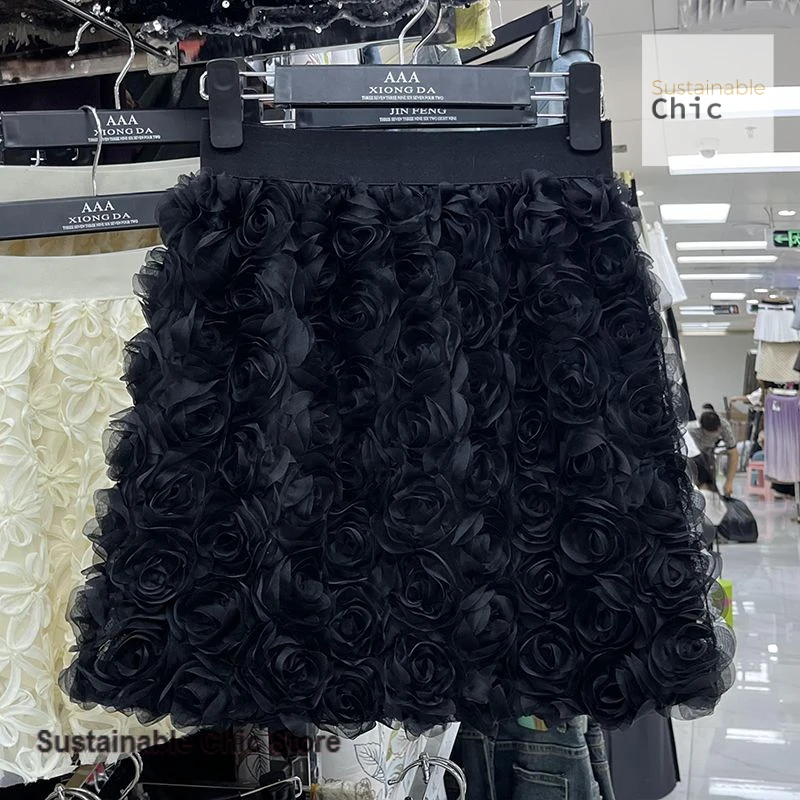 

Korean-style three-dimensional rose flower design short cover belly fluffy A-word skirt female summer new sweet chiffon skirt.