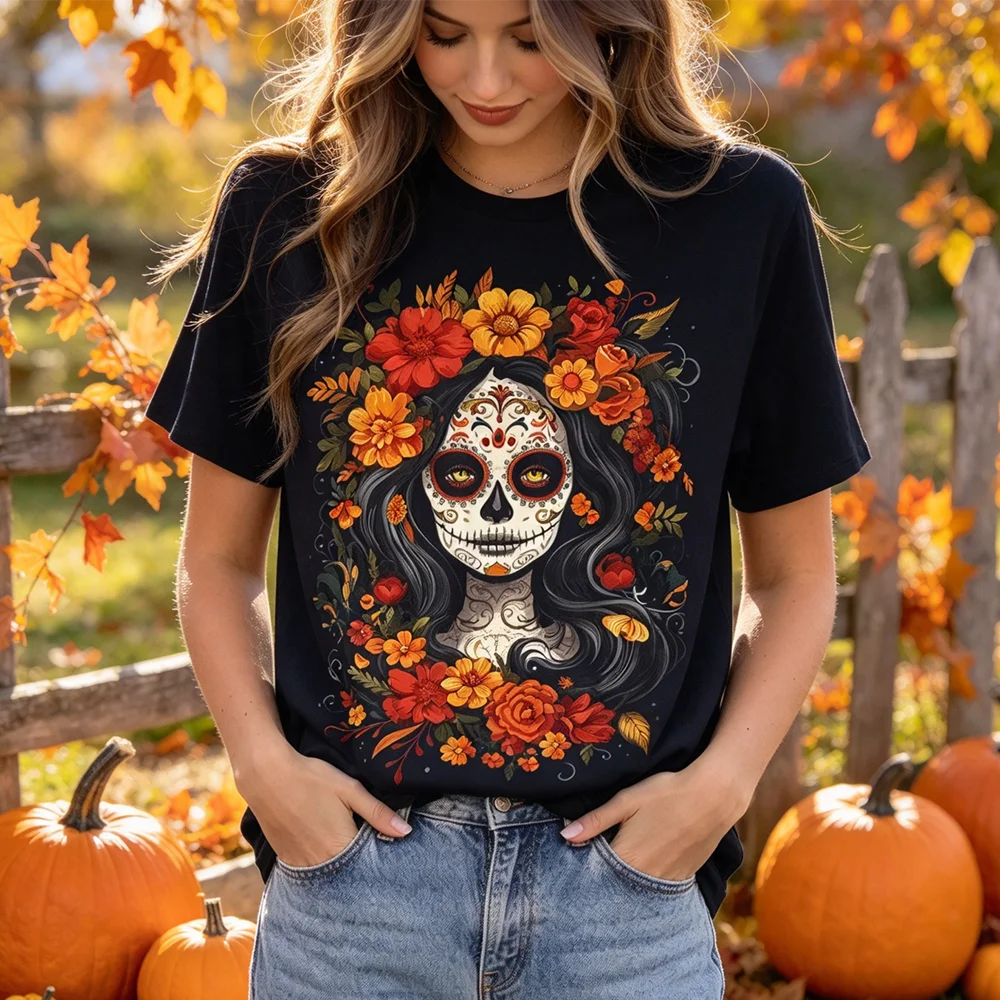 Men Sugar Skull Men Cotton T Shirt La Catrina Day of The Dead De Los Muertos Vintage Gothic Halloween Mexican Style Skull Tee