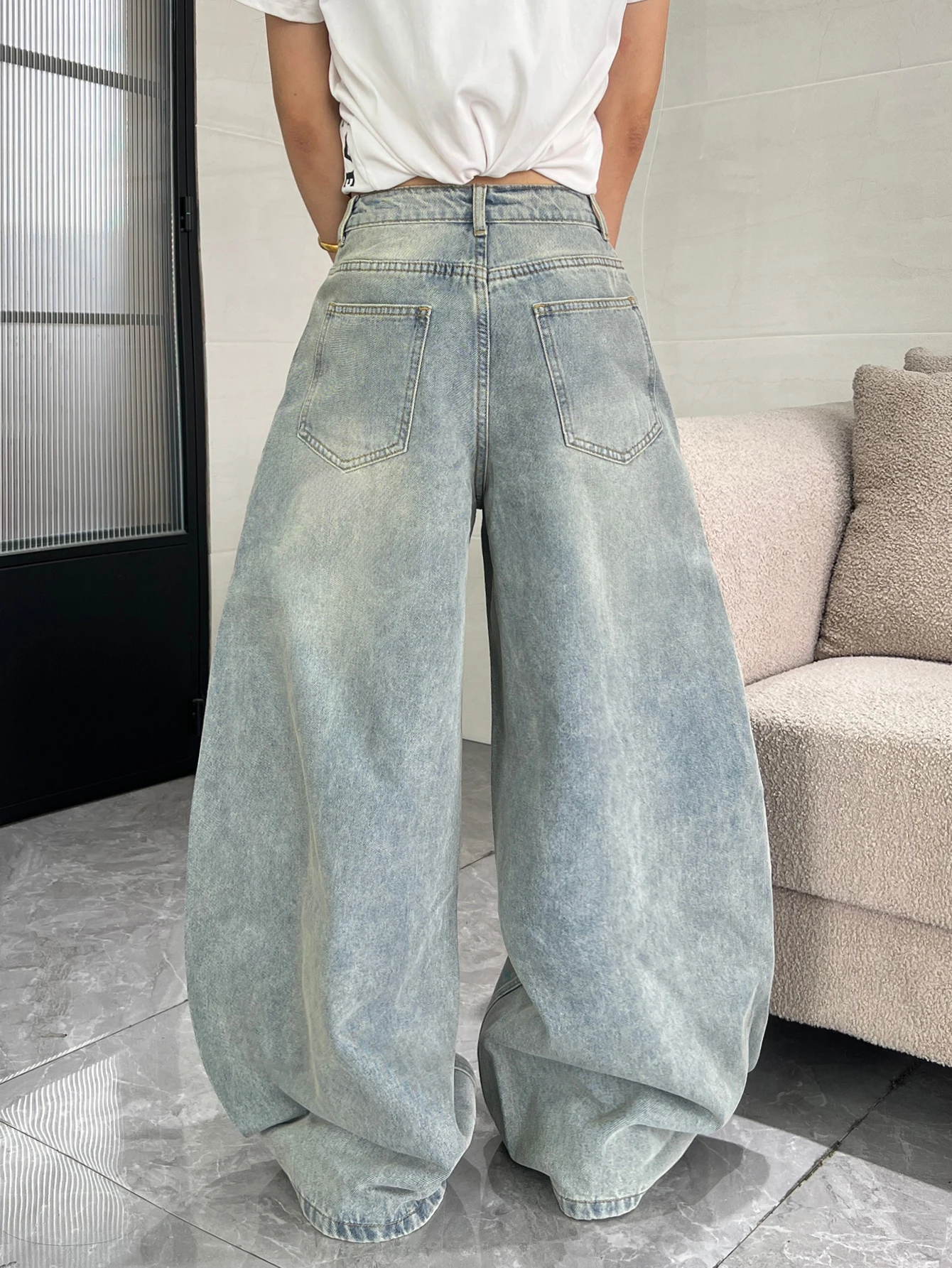 European, American, Japanese Street Style Wide Leg Jeans, Black And White Hand-Painted Portrait Graffiti Denim Pants