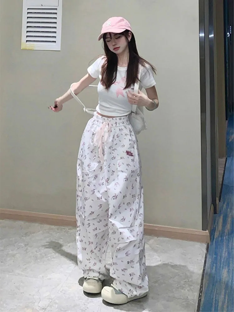 Witte bloemenprint losse wijde pijpen casual broek dames lente zomer nieuwe Amerikaanse hoge taille losse rechte broek