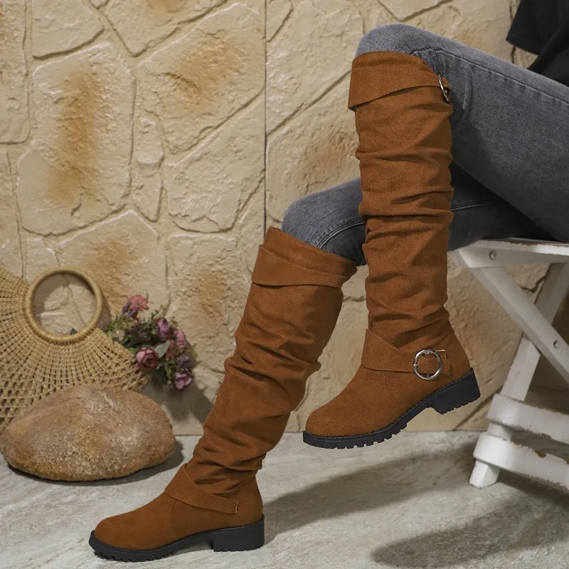 Female Women Boots Sexy Zipper Knee High Women Flats Shoes Square Toe Long Boots Thigh High Suede Chunky Heel Solid Botas