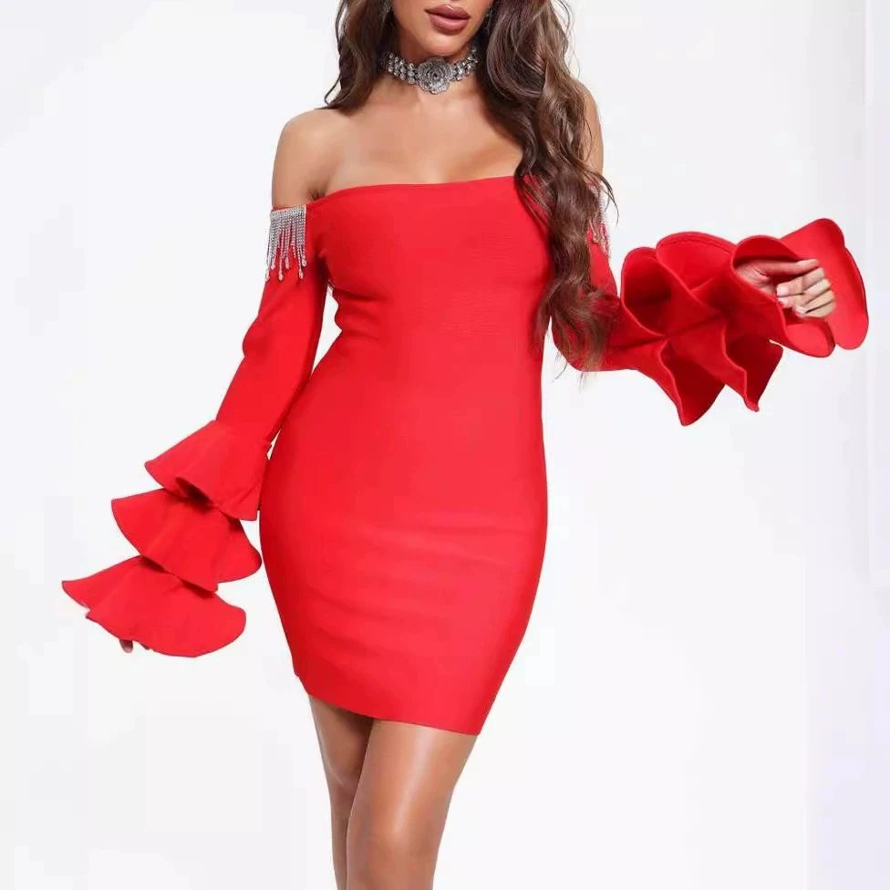 

French one-shoulder diamond chain sexy slim fit ruffled trumpet sleeve bandage hip long-sleeved mini dress-GZXX1514
