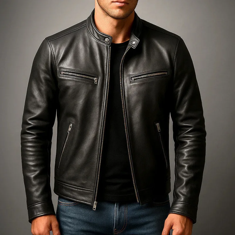 Mens Stand Collar Slim Fit PU Leather Motorcycle Jacket Punk Style Casual European Fashion Outerwear
