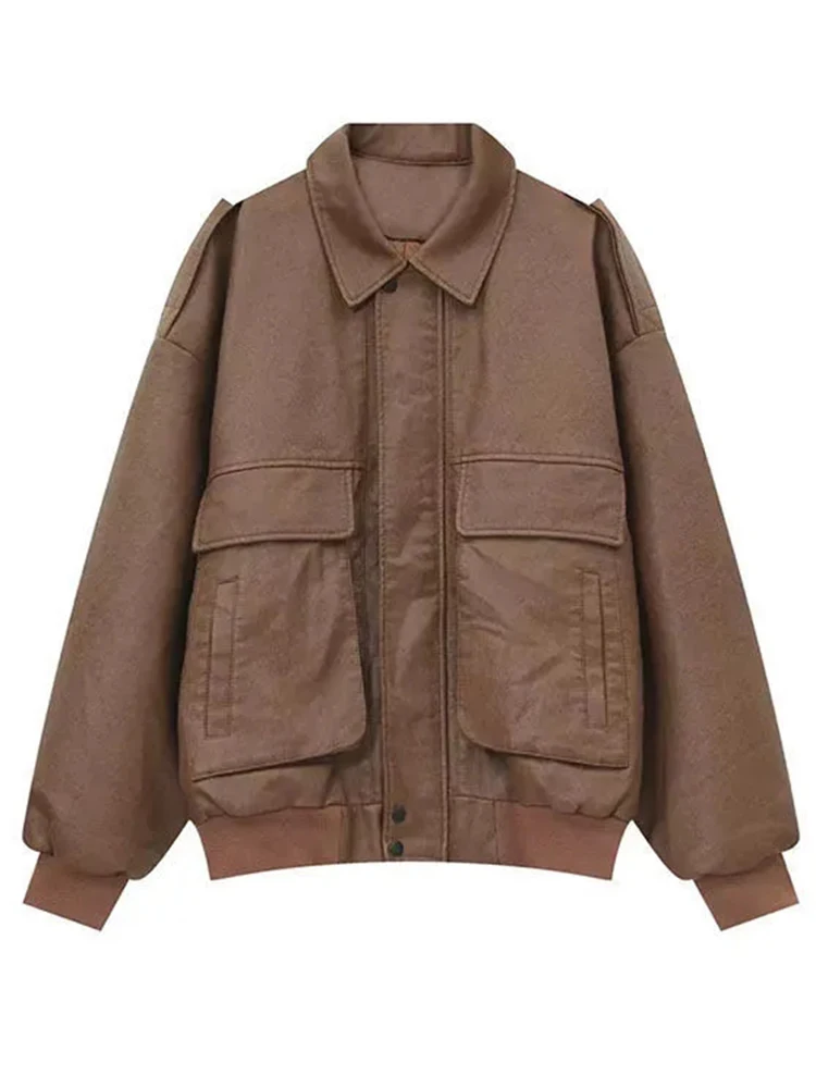 

Куртка-бомбер женская из ПУ кожи, однотонная, свободного покроя