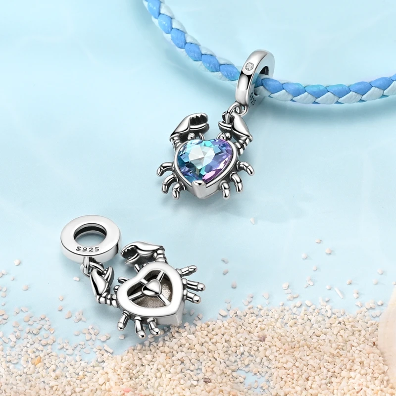 Original Real 925 Sterling Silver Charm Bead Shine Glass Heart Crab Pendant Fit Original Bracelets Necklace DIY Jewelry Gift