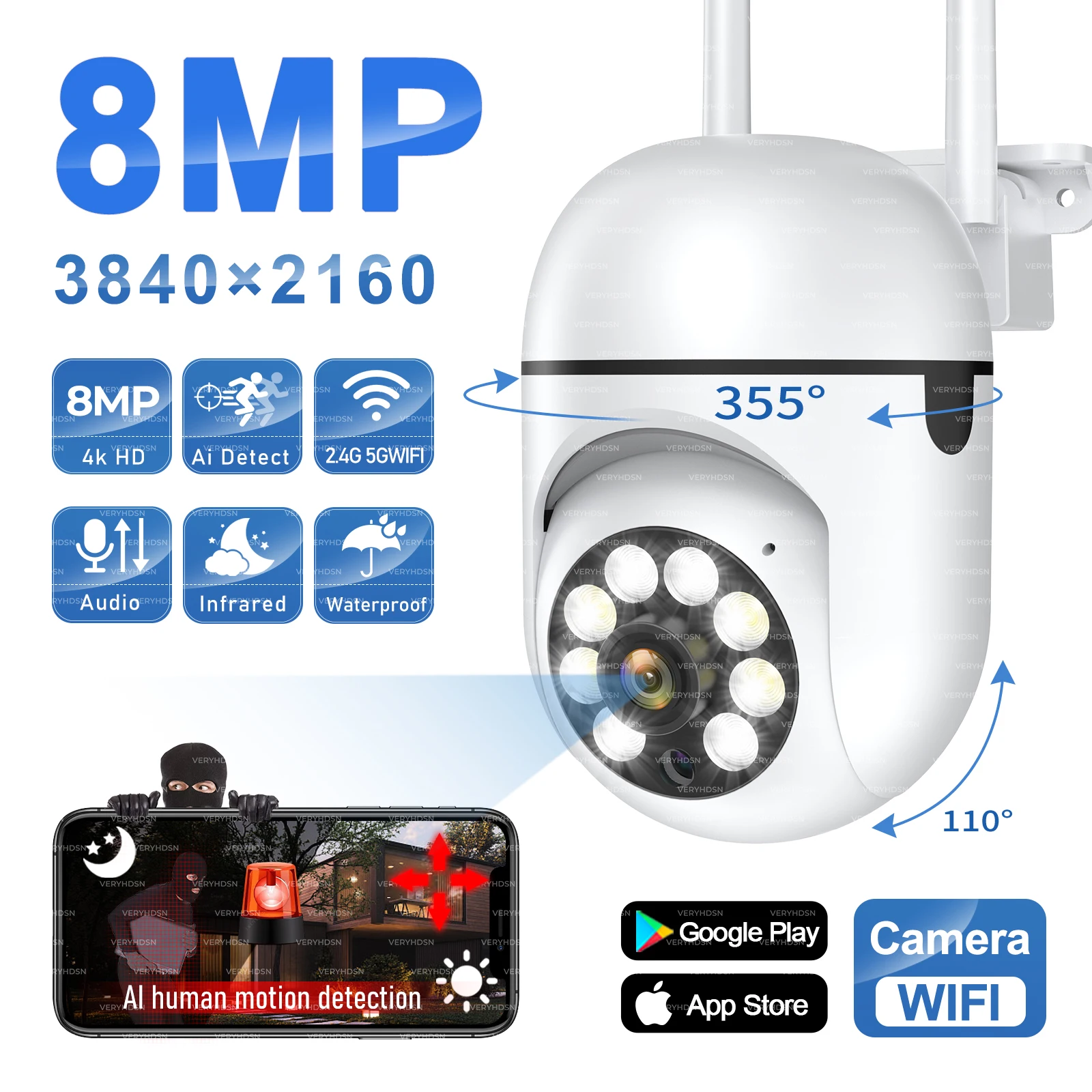 8MP Wifi IP na zewnątrz bezprzewodowy kamera PTZ monitorujący 4X Zoom kamery i ludzie śledzący dwukierunkowe Audio HD nocna kamera kolorowa