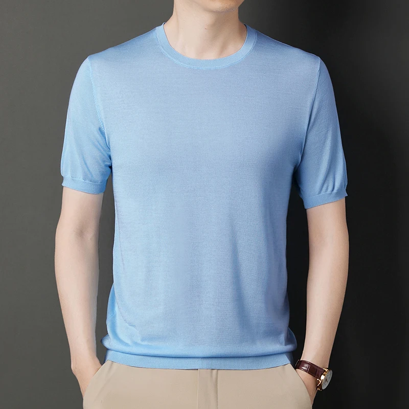 

2023 Summer Mens Ice Silk Tee Tops Casual O-Neck Knitting T shirts Male Breathable and Comfortable Thin Knitwear Short Sleeved