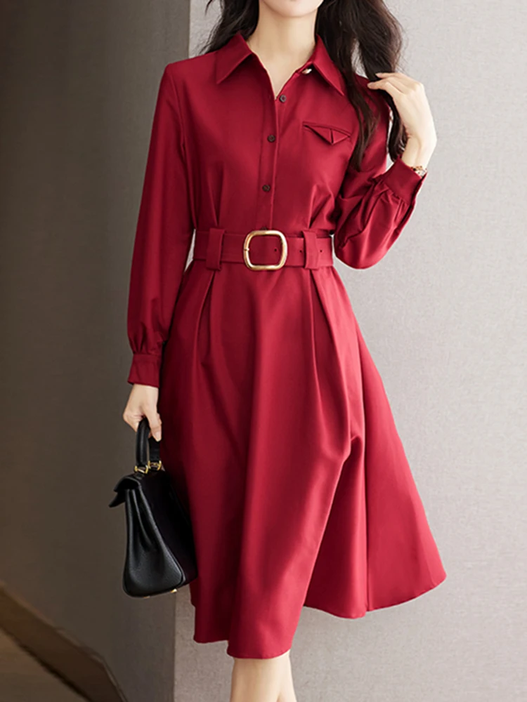 

Women Autumn New Slim Mini Dress Turn-down Collar Long Sleeve Dress Elegant Temperament Commuting Dress Vintage A-Line Robe