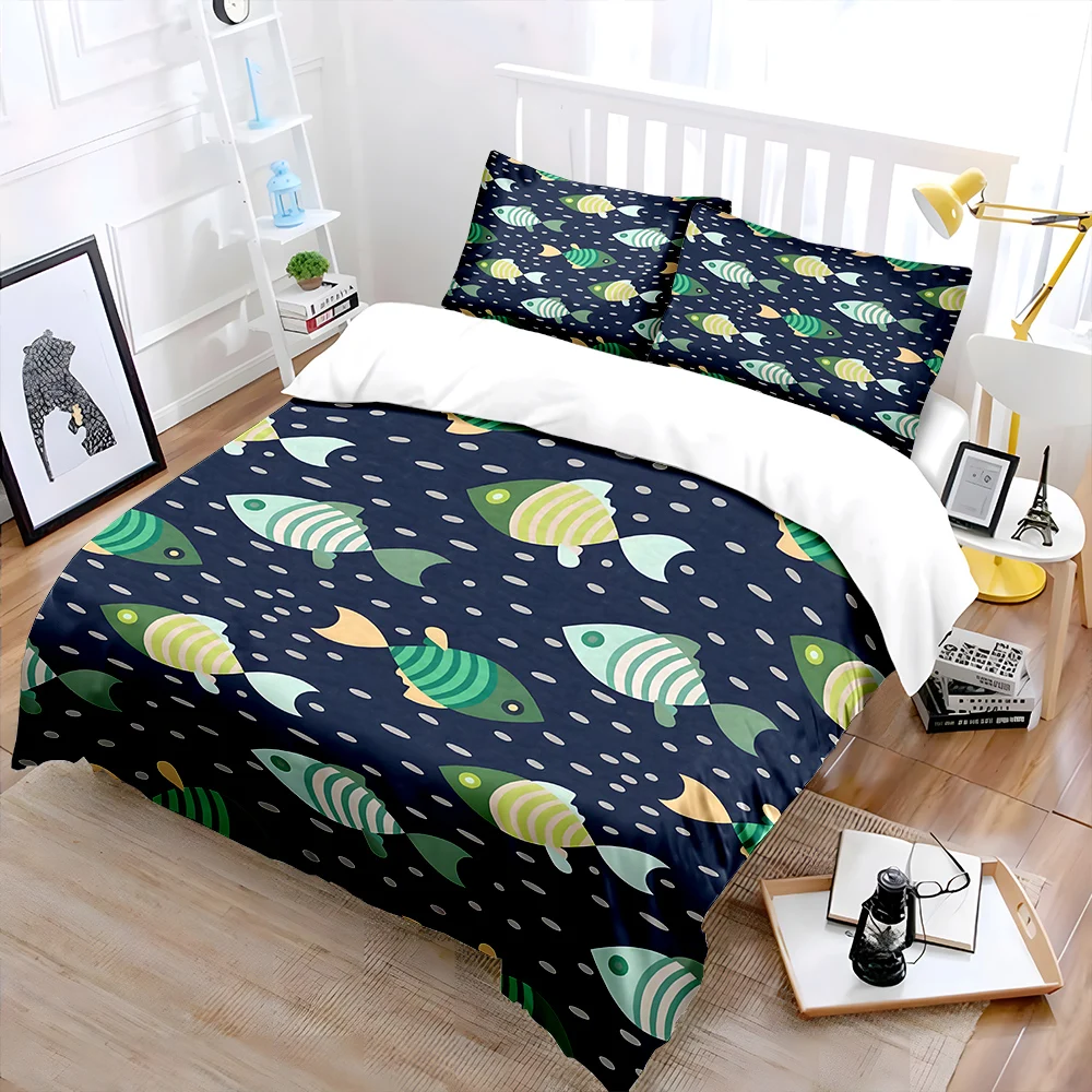3pcs Colorful Fish Pattern Background Bedding Set 1 Duvet Cover 2 Pillowcases for Adult and Children Luxury Gift Full Size