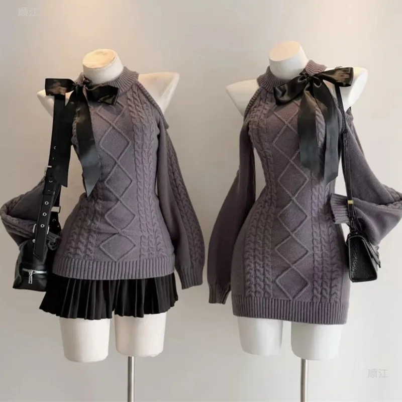 

Bow Dresses Girl Y2K Off-Shoulder Long Sleeve Knit Dresses Women Vintage Waist Sweater Bodycon A-Line Winter Autumn Dresses New