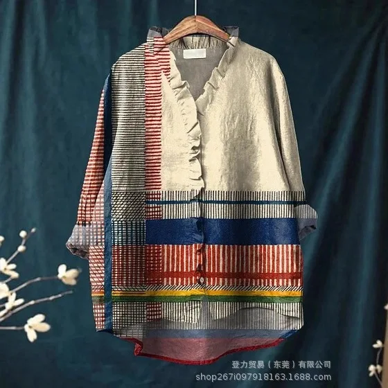 

Women Overshirt Casual Shirts Print Blouses Long Sleeve Tops Blouses Fit Top Office Lady Basic Elegant 2025 Spring Autumn Street