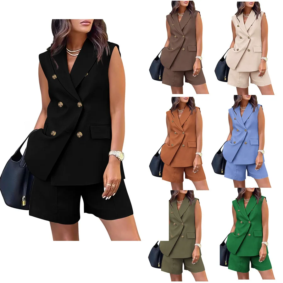

Women Suit Short Pants Set Two Piece Vest Trousers Formal Business Office Lady Sleeveless Jacket Wedding Double-breasted Suits
