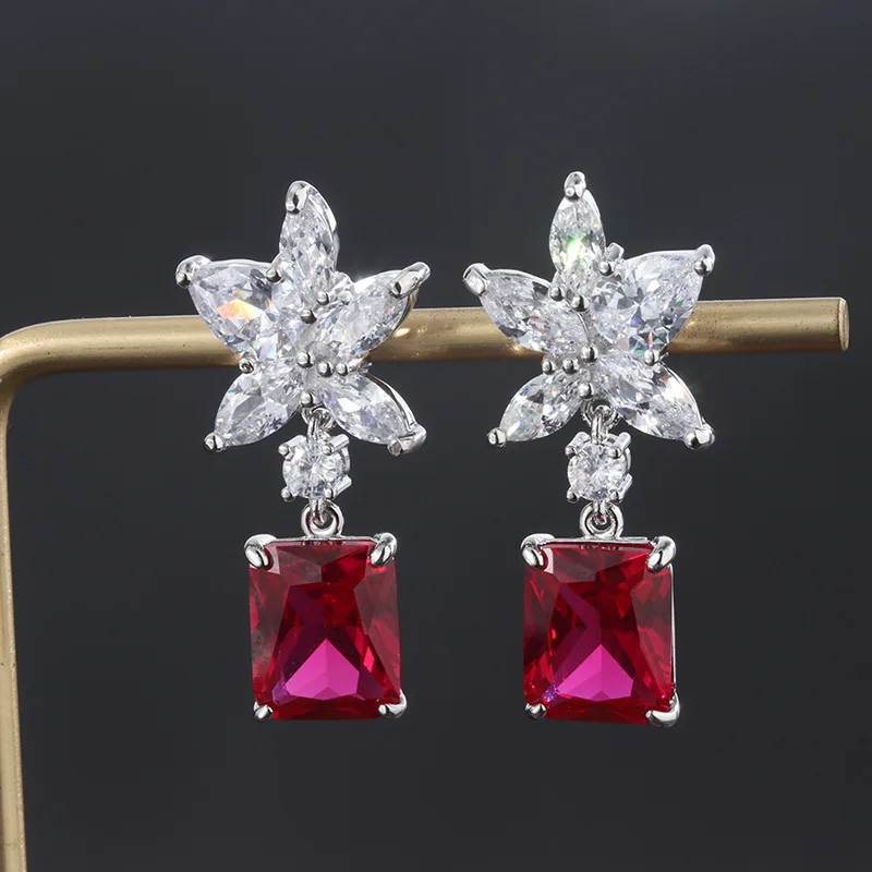 New Autumn and Winter High-end Jewelry Luxury Inlaid Red Colored Gemstone Artificially Cultivated Gemstone Earrings for Women