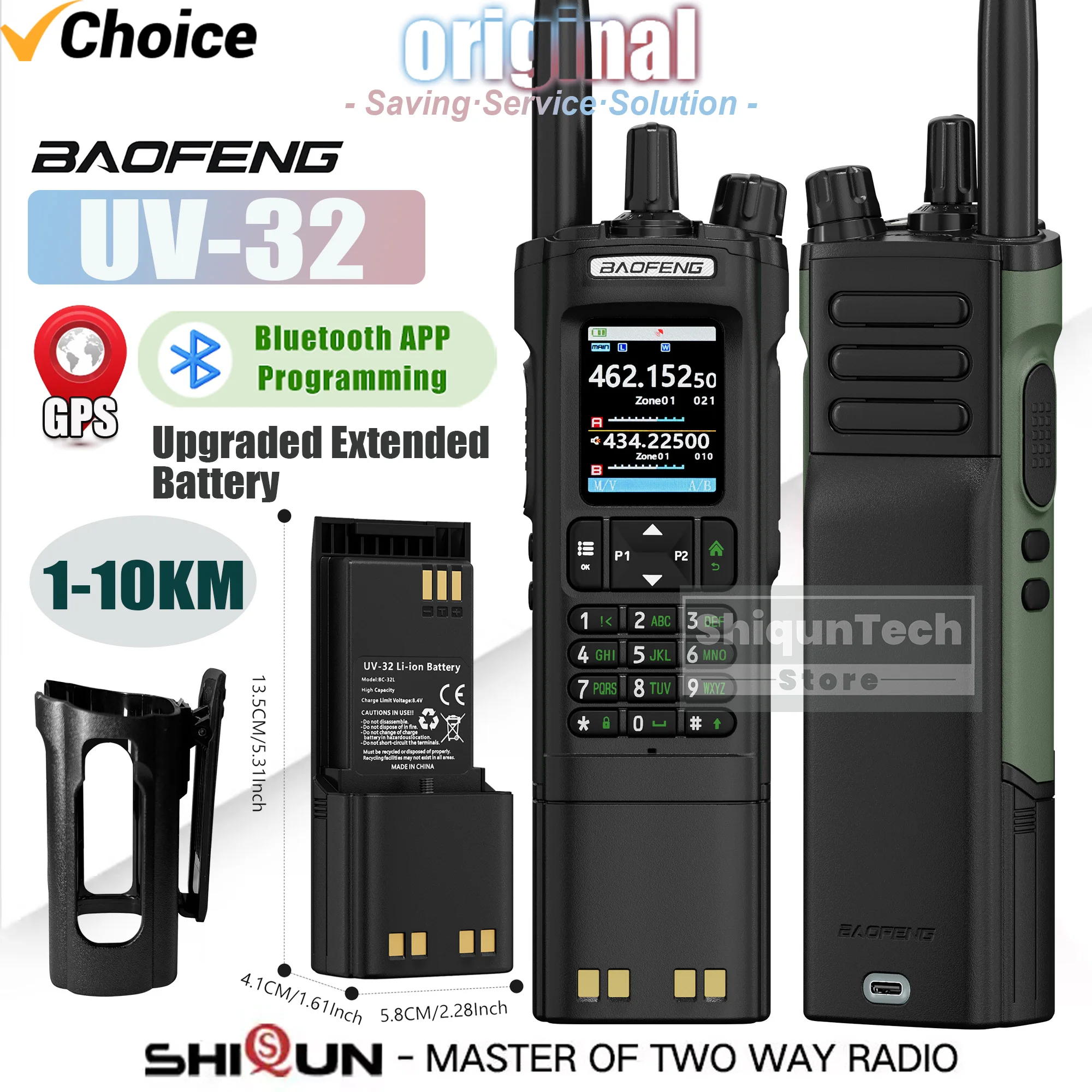 

Рация Baofeng UV-32 с увеличенным временем автономной работы, GPS, Bluetooth, программирование, дальность 10 км, зарядка Type-C, NOAA, FM, радио для любительской связи, черный/зеленый