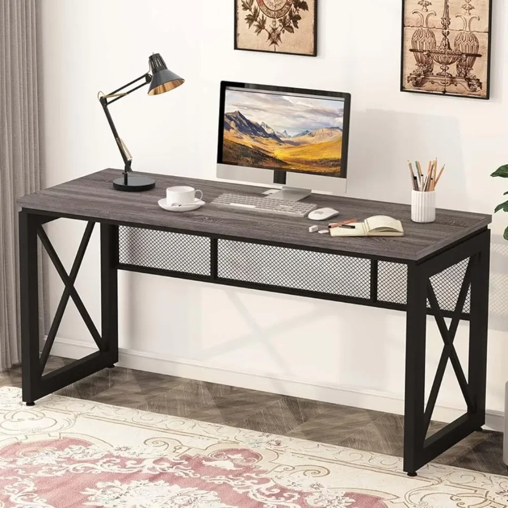 BON AUGURE Industrial Computer Desk, Rustic Wood Desk for Home Office, Sturdy Metal Writing Work Desk (60 Inch, Dark Grey Oak)