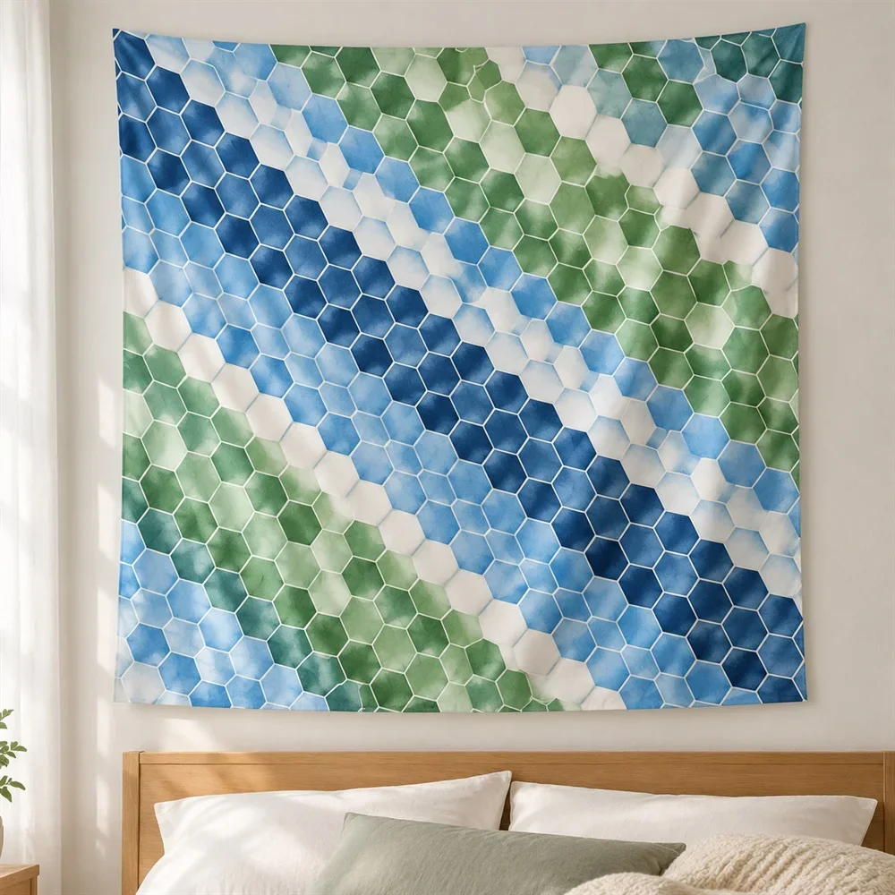 VIKAMA Hexagon Mosaic Tiles Tapestry Wall Hanging, Patchwork Wall Art Tapestries for Bathroom Bedroom Living Room Entryway