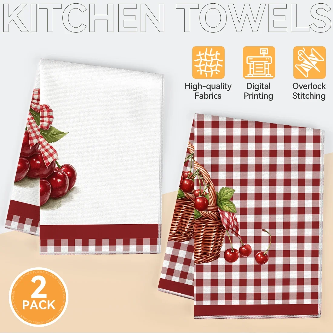 2pcs Set Kitchen Towels Red Checkered Bow Cherry PatternHand Towels Christmas Decorations For Home Noel Dish Towels Gifts