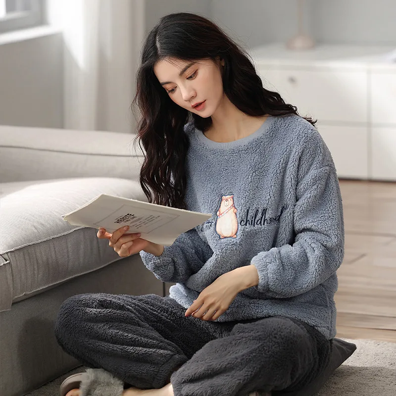 O-Neck Warm Sleepwear Women Outfits Pajamas Coral Fleece Pyjamas Winter Thick Nightwear Autumn New Home Clothes With Trousers