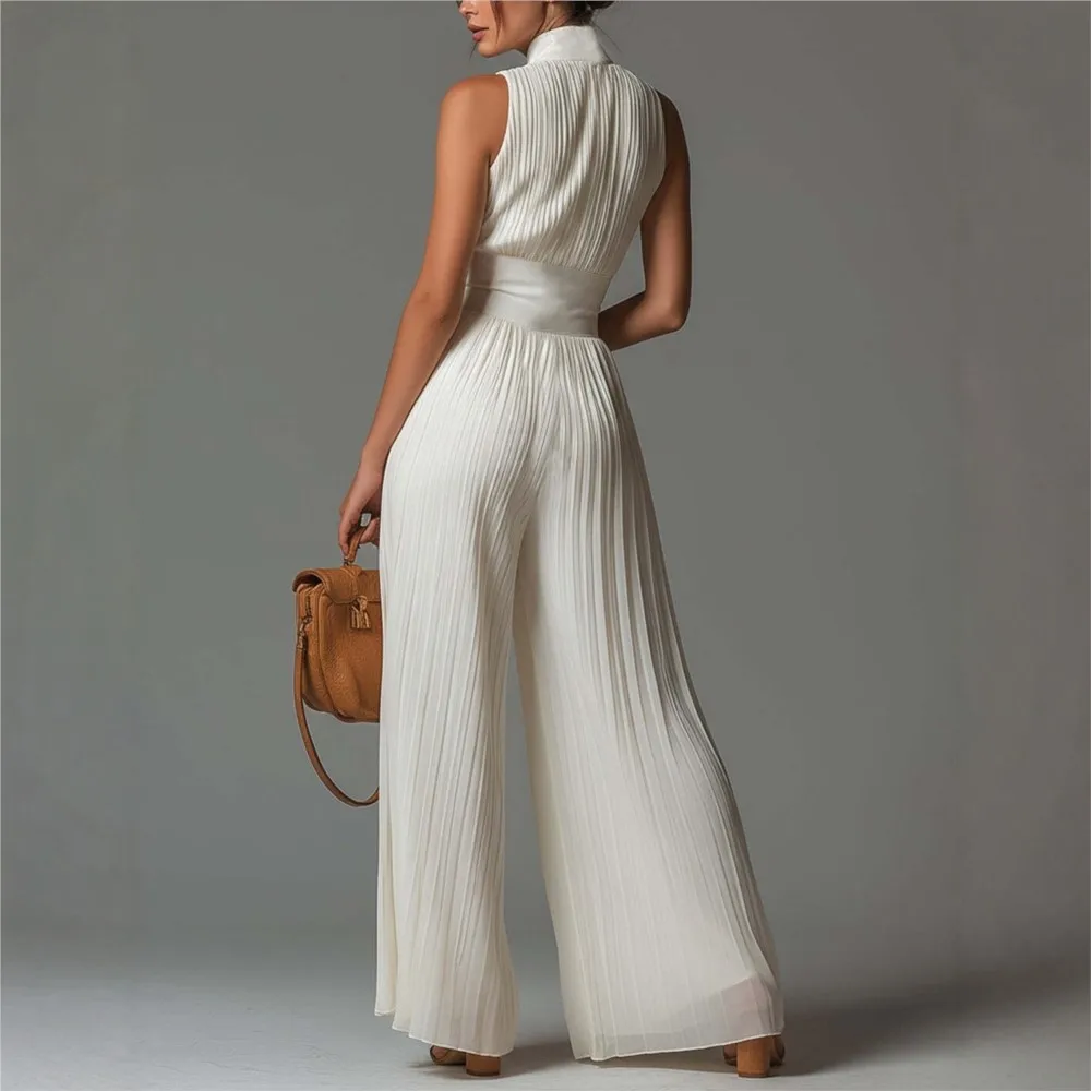 Fashion Zipper Stand Collar Sleeveless Women Slim Fit Jumpsuit Summer New Pleated Sexy High Waist Female White Wide Leg Rompers