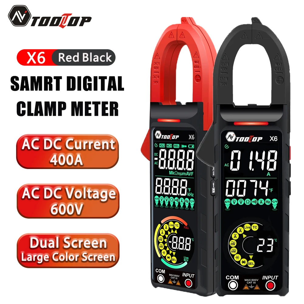 TOOLTOP X6 Portable Handheld Digital Clamp Meter AC DC 600V 6000 Counts True Rms Multimeter For Circuit Electrician Repair Tool