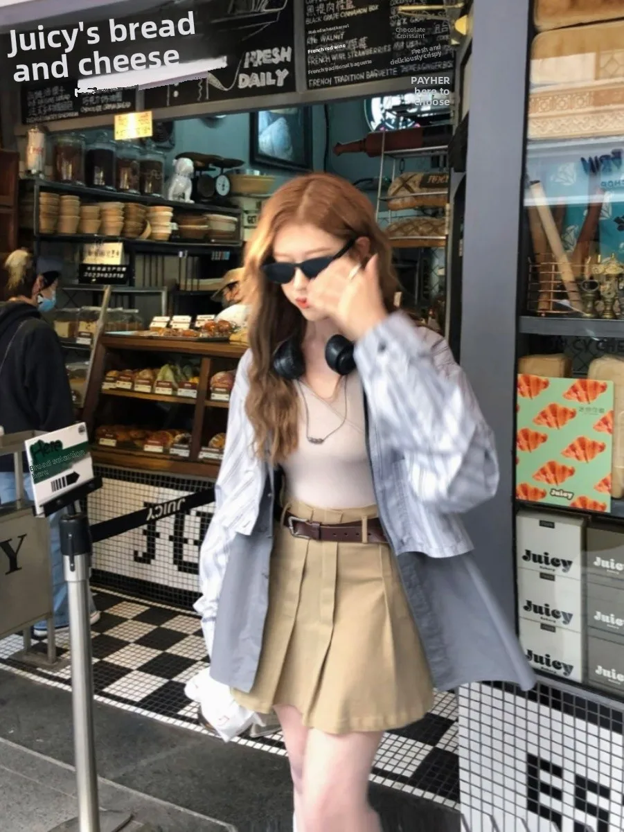 Soolrok High Waist A-Line Pleated Skirt Khaki Slimming College Style Half Skirt Korean Fashion Women's Premium Apparel