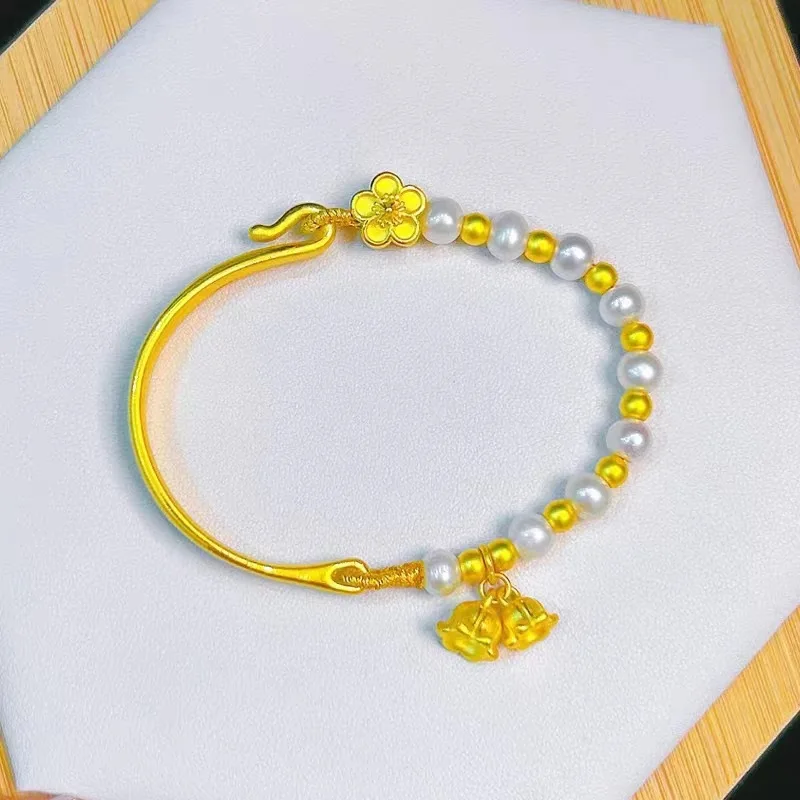 

24K gold lily of the valley half bracelet AU999 female two worlds bell pearl peach blossom bracelet temperament light luxury